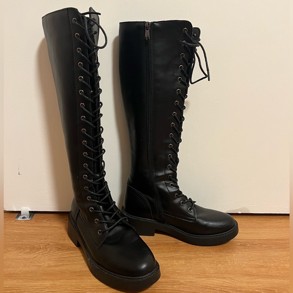 Black leather lace up long boot